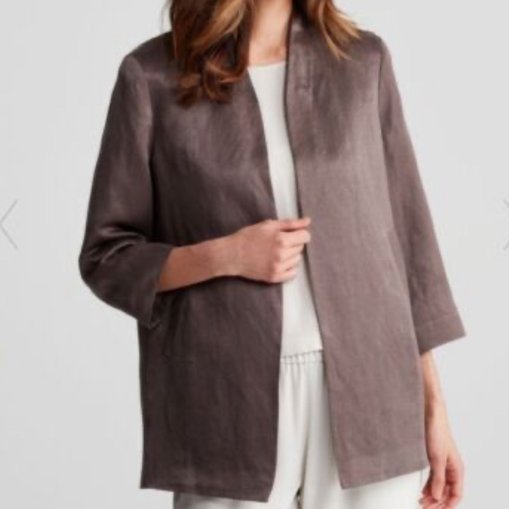 Eileen Fisher Organic-Linen/Silk Satin Jacket Cobblestone Brown 3/4 Long Size PS